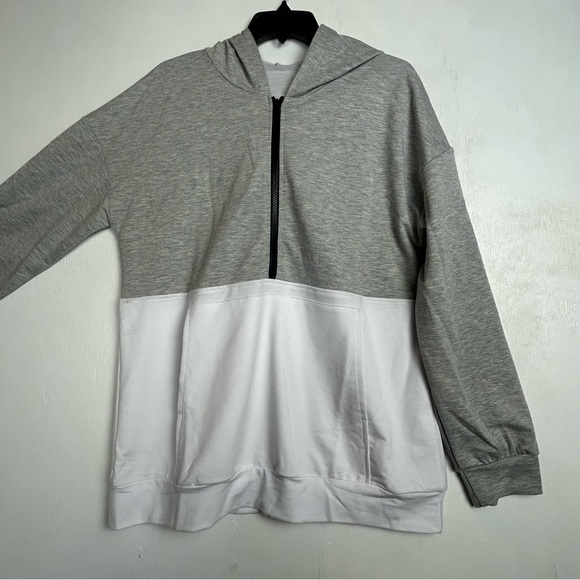 BRAND NEW Hooded pullover half zip Gray white size Large unisex long sleeve - Picture 2 of 14